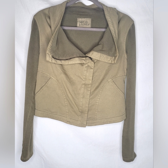 Thread & Supply Olive Moto Jacket Size Small Comfortable Knit Full-Zip Lined - Picture 1 of 4
